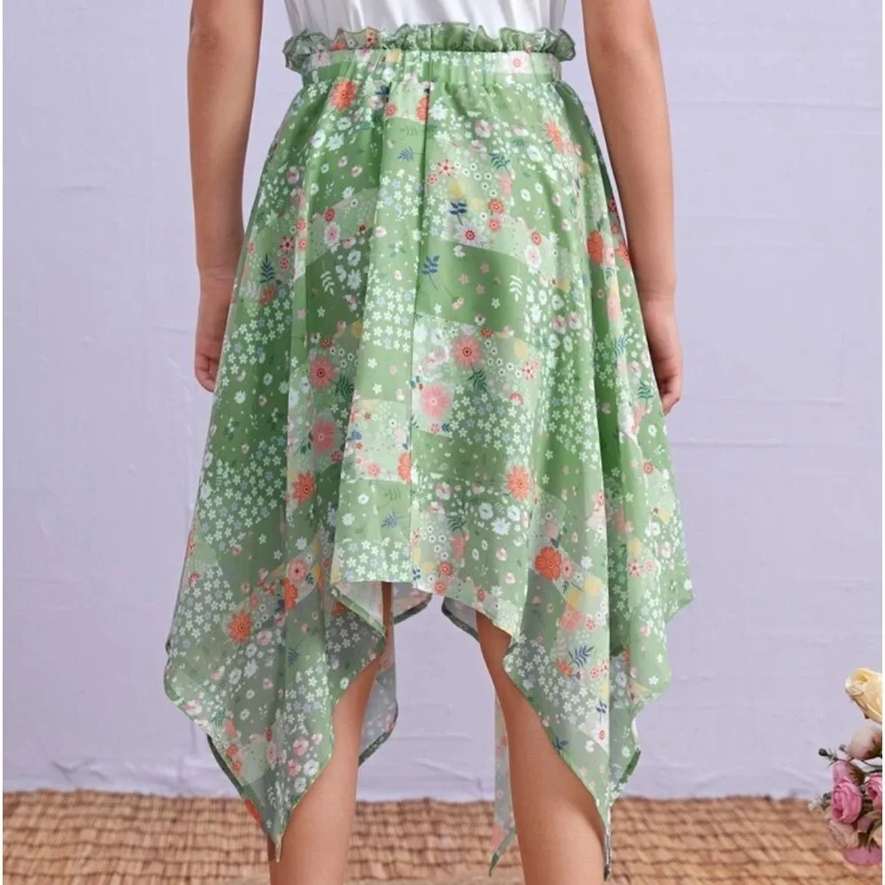 Girls High Waist Floral Print Frill Asymmetrical Hem Skirt - Picture 3 of 3